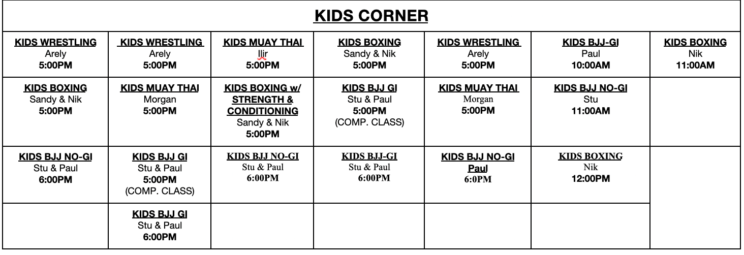 Kids Corner Schedule