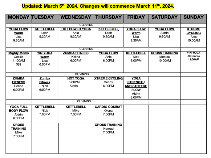 March 2024 Fitness Schedule