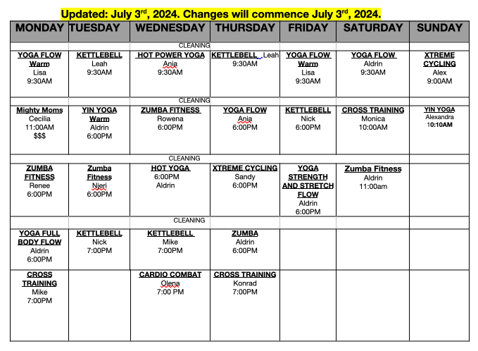 July 2024 Fitness Schedule