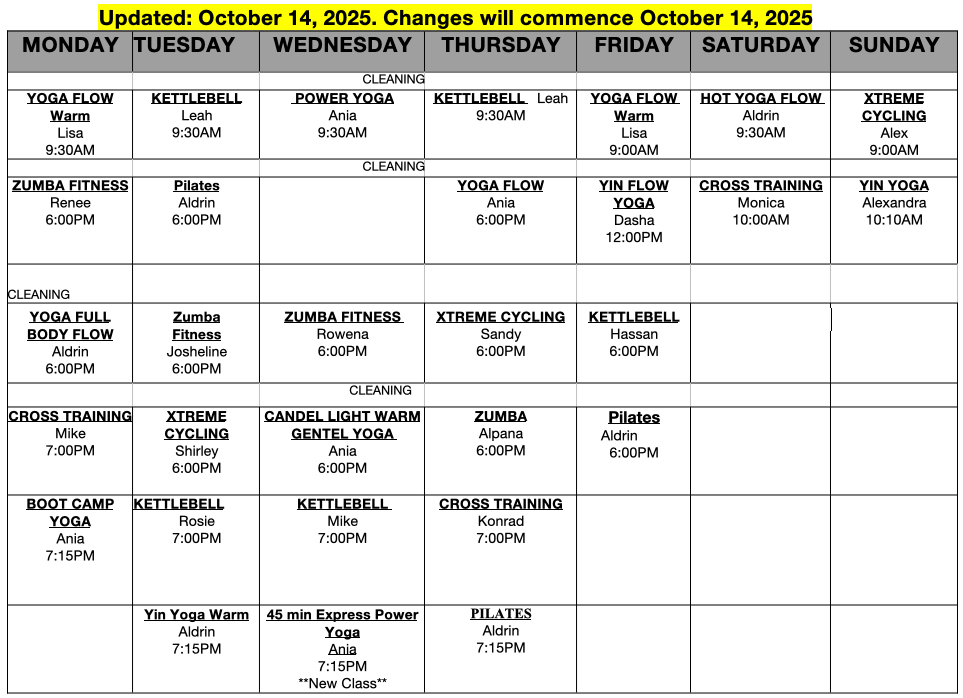 October 2025 Fitness Schedule