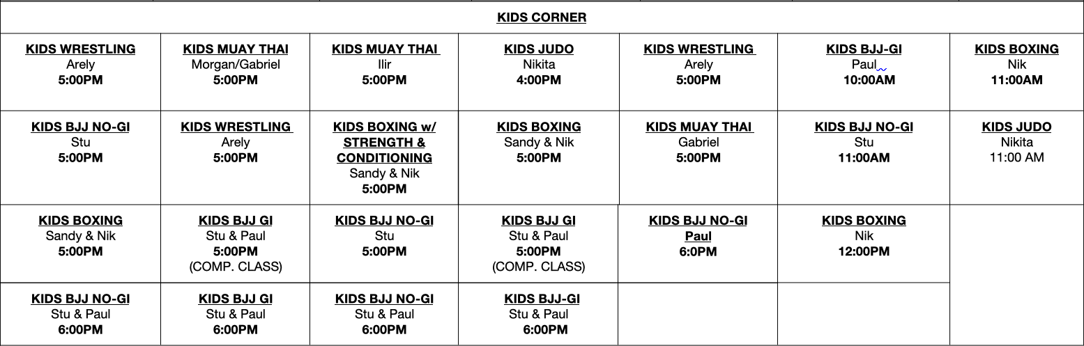 Kids Corner Schedule