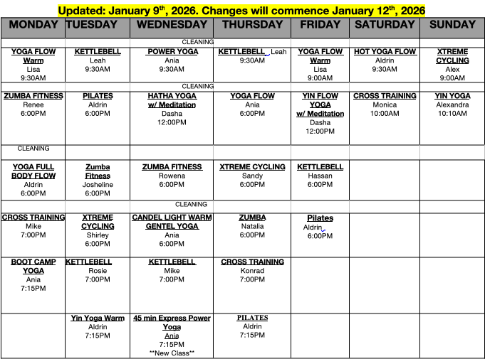 January 2026 Fitness Schedule