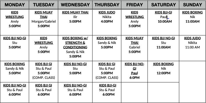 Kids January 2026 MMA Schedule